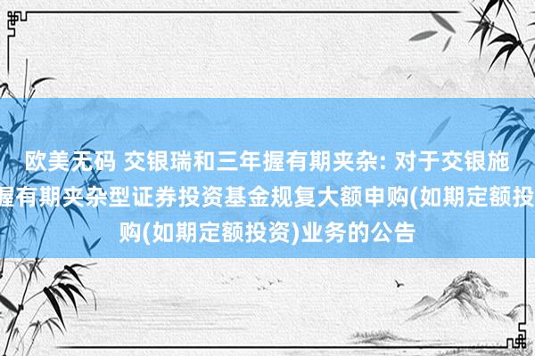 欧美无码 交银瑞和三年握有期夹杂: 对于交银施罗德瑞和三年握有期夹杂型证券投资基金规复大额申购(如期定额投资)业务的公告